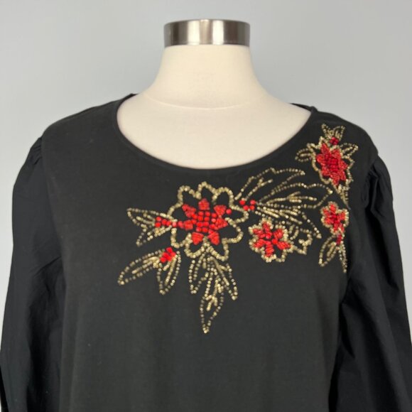 Chicos Womens Embellished Flower Puff Sleeve Top Beaded Black Cotton size Large - Picture 3 of 13